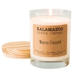 Kalamazoo Candle Company White Warm Flannel Scent Clear Glass Jar, Kraft Label On Side, Wood Lid Can