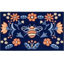 Olivia's Home 22 In. W X 32 In. L Multicolored Spring Bees On Navy Polyester Rug