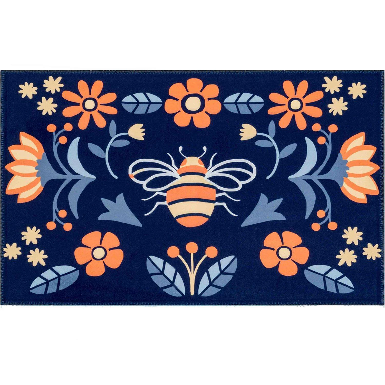 Olivia's Home 22 In. W X 32 In. L Multicolored Spring Bees On Navy Polyester Rug 3 Olivia's Home 22 In. W X 32 In. L Multicolored Spring Bees On Navy Polyester Rug