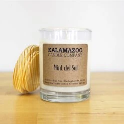 Kalamazoo Candle Company Clear Glass Jar With White Soy Wax, Wood Lid Mint Del Sol Scent Mint Del So