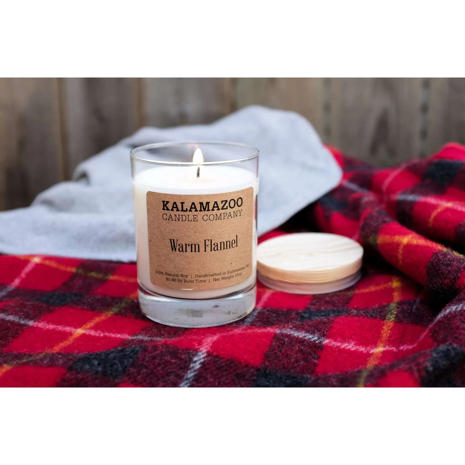 Kalamazoo Candle Company White Warm Flannel Scent Clear Glass Jar, Kraft Label On Side, Wood Lid Can 4 Kalamazoo Candle Company White Warm Flannel Scent Clear Glass Jar, Kraft Label On Side, Wood Lid Can - Image 2