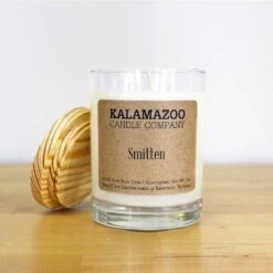 Kalamazoo Candle Company Clear Glass Jar With White Soy Wax, Wood Lid Smitten Scent Smitten, Clear G