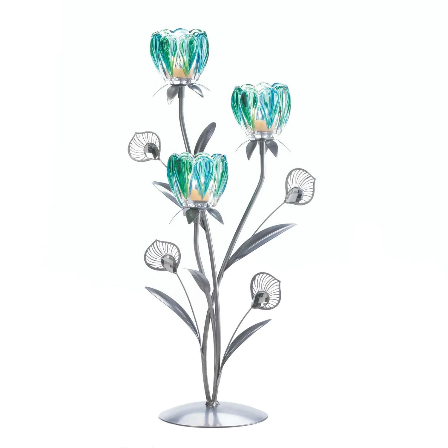 Gallery Of Light 18.5 In. H X 5.25 In. W X 7 In. L Peacock Flower Triple Glass/Iron Decorative Candl 3 Gallery Of Light 18.5 In. H X 5.25 In. W X 7 In. L Peacock Flower Triple Glass/Iron Decorative Candl