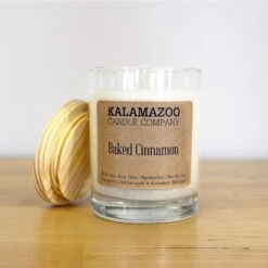 Kalamazoo Candle Company Clear Glass Jar With White Soy Wax, Wood Lid Baked Cinnamon Scent Baked Cin